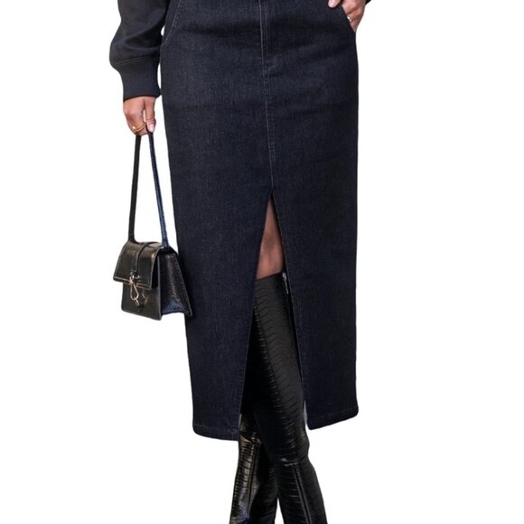 CUPSHE DARK BLUE DENIM HIGH WAIST SPLIT FRONT MIDI SKIRT SIZE SMALL NWT - Picture 1 of 6